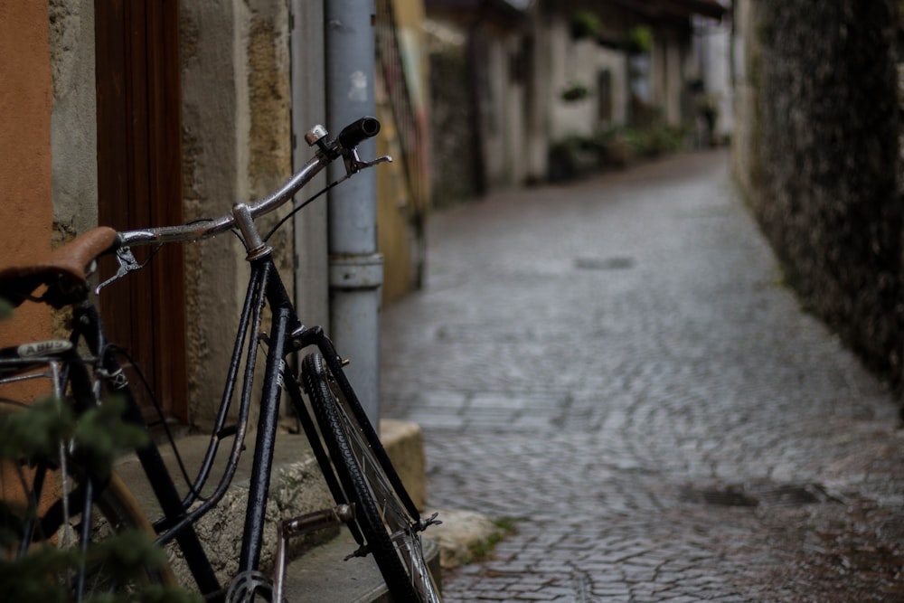 bike leaning on wall