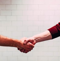 two person shaking hands near white painted wall