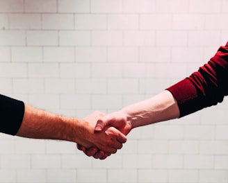 two person shaking hands near white painted wall