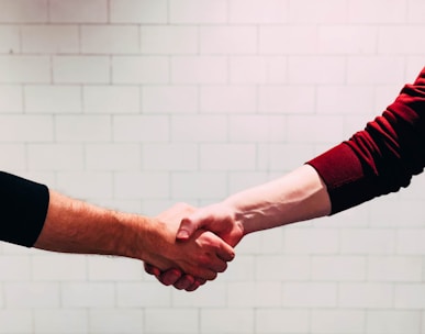 two person shaking hands near white painted wall