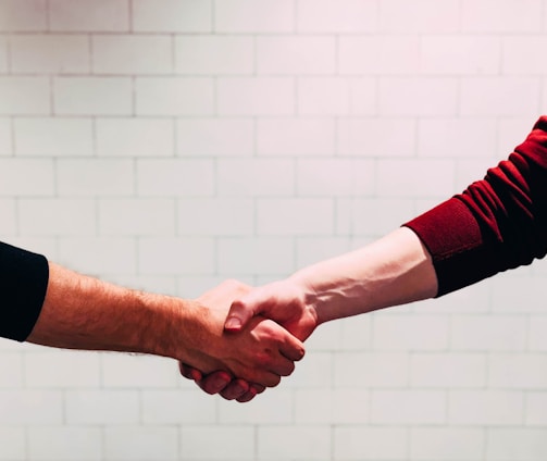 two person shaking hands near white painted wall