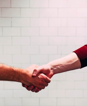 two person shaking hands near white painted wall