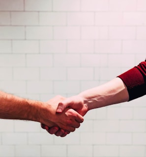 two person shaking hands near white painted wall