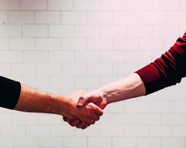 two person shaking hands near white painted wall