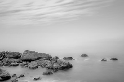 rocks beside body of water grayscale photography timeless teams background