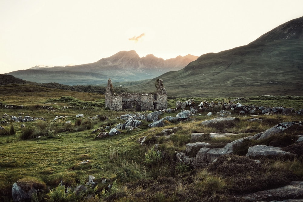 concrete ruins under white sky