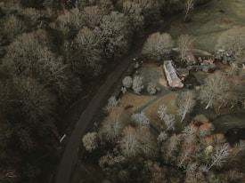 An aerial view of a countryside scene featuring a rustic house surrounded by a large garden and numerous bare trees. The landscape is flanked by an adjacent road and dense woodland. The grass is slightly browned, indicating a winter or early spring setting.