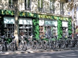 A row of rental bicycles parked in front of a cookware store with a green facade. The storefront window displays various kitchen appliances and cookware. Shadows cast by nearby trees create intricate patterns on the building wall and the bicycles.