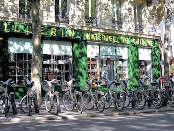 A row of rental bicycles parked in front of a cookware store with a green facade. The storefront window displays various kitchen appliances and cookware. Shadows cast by nearby trees create intricate patterns on the building wall and the bicycles.