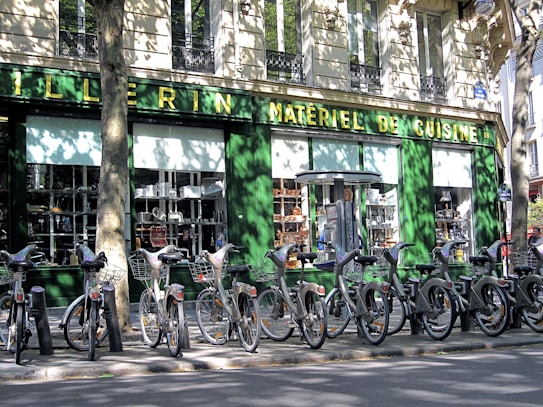 A row of rental bicycles parked in front of a cookware store with a green facade. The storefront window displays various kitchen appliances and cookware. Shadows cast by nearby trees create intricate patterns on the building wall and the bicycles.
