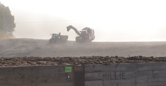In a foggy or dusty agricultural setting, a tractor and a combine harvester operate in a field with large crates filled with harvested crops in the foreground. The atmosphere is hazy, suggesting early morning or evening work.