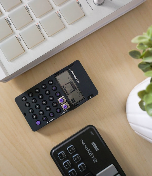 Minimalist wooden desk with planner and calculator