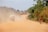 A dusty rural road stretches into the distance with a truck carrying large sacks, stirring up a cloud of dust. On the right, a person in a red jacket rides a bicycle along the edge of the road, while two motorcyclists can be seen further down. Trees line the road, providing greenery amidst the dry terrain.