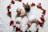 Two babies lie on their stomachs on a white textured blanket, surrounded by red flowers arranged in a heart shape. They wear white clothing, and one baby has their arm gently around the other.