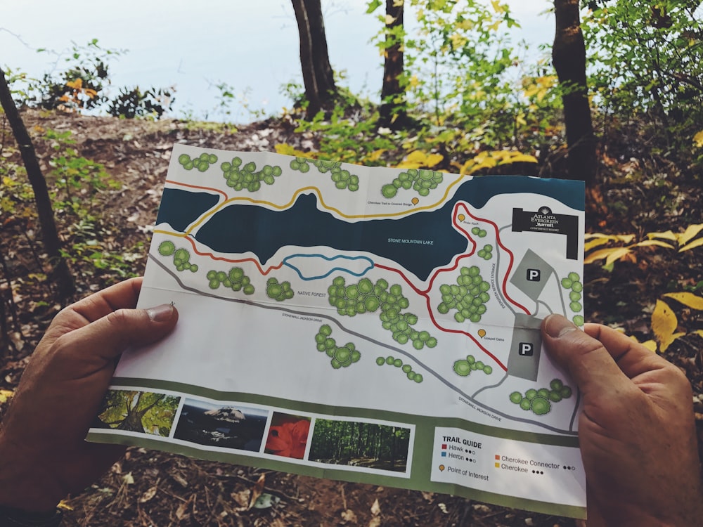 person holding map on the forest