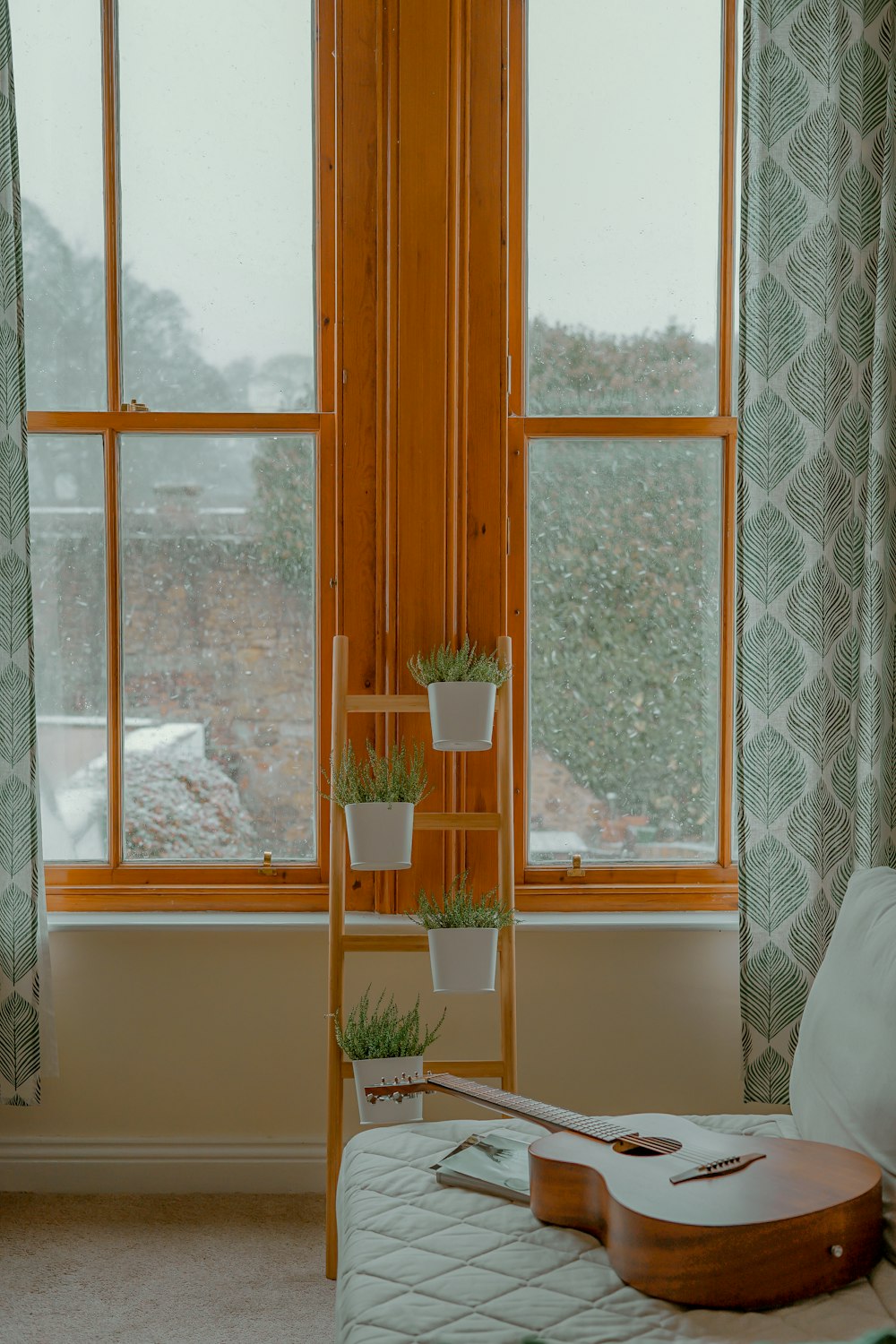 창문 근처 선반에 화분이 있는 4개의 녹색 잎 식물