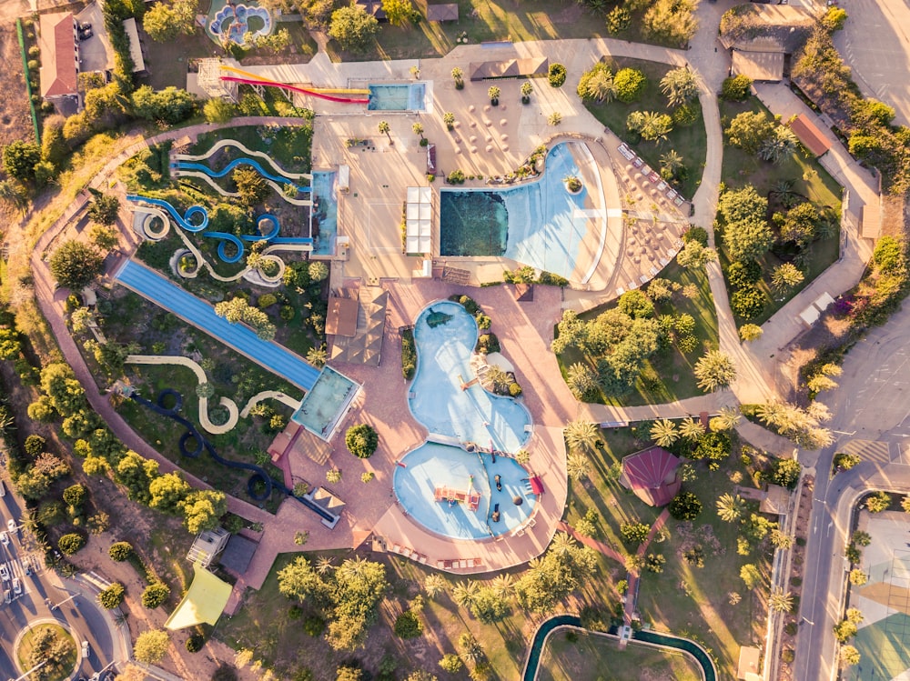 aerial view of park with swimming pools