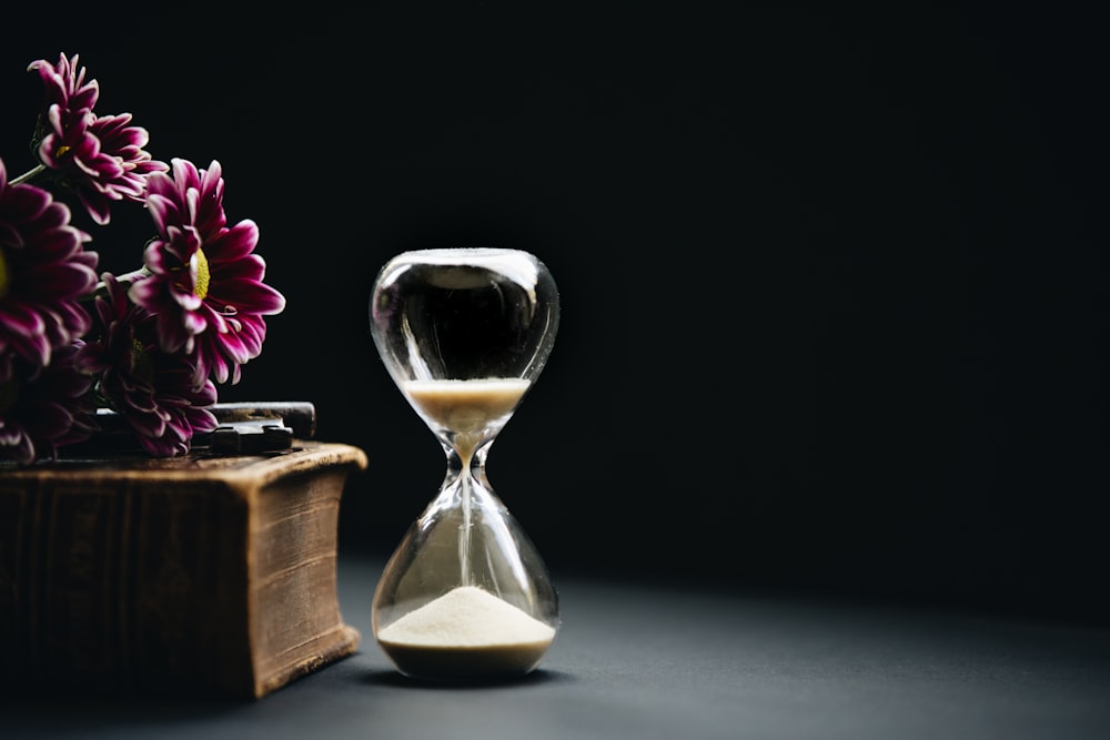 clear hour glass beside pink flowers