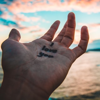 A close-up of an outstretched hand with 'I love you' written on the palm. The background shows a serene sky with some clouds during sunset or sunrise over a large body of water.