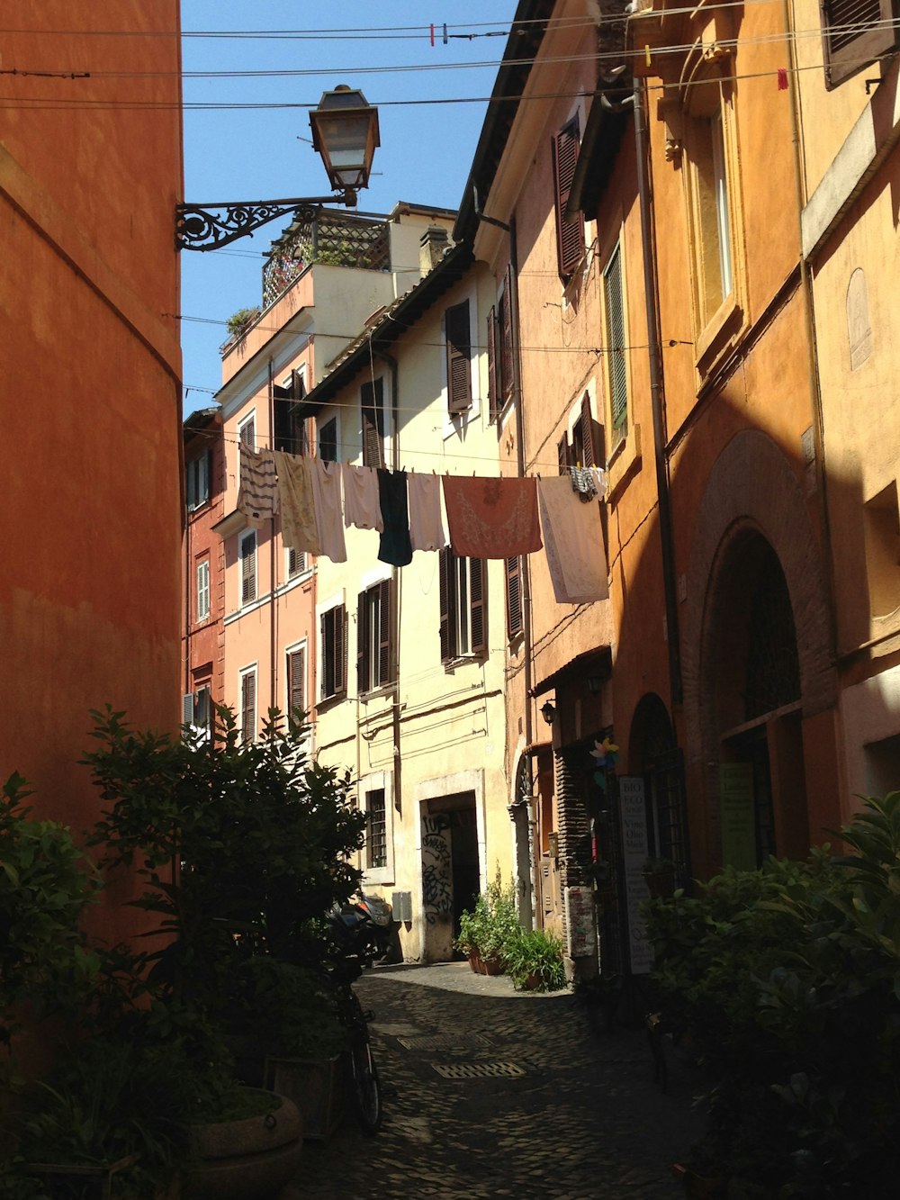 assorted-type clothes hang between brown buildings at daytime