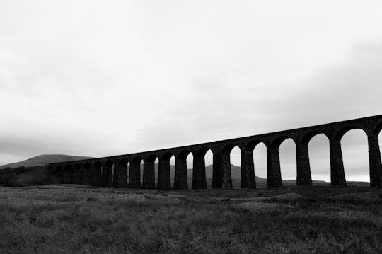 grayscale photo of bridge over the field in Yorkshire Dales National Park United Kingdom