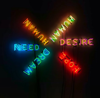 Human, Desire, Hope, Need, and Dream neon light signage