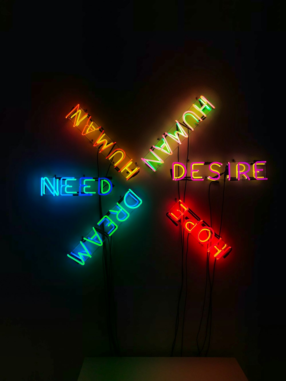 Human, Desire, Hope, Need, and Dream neon light signage