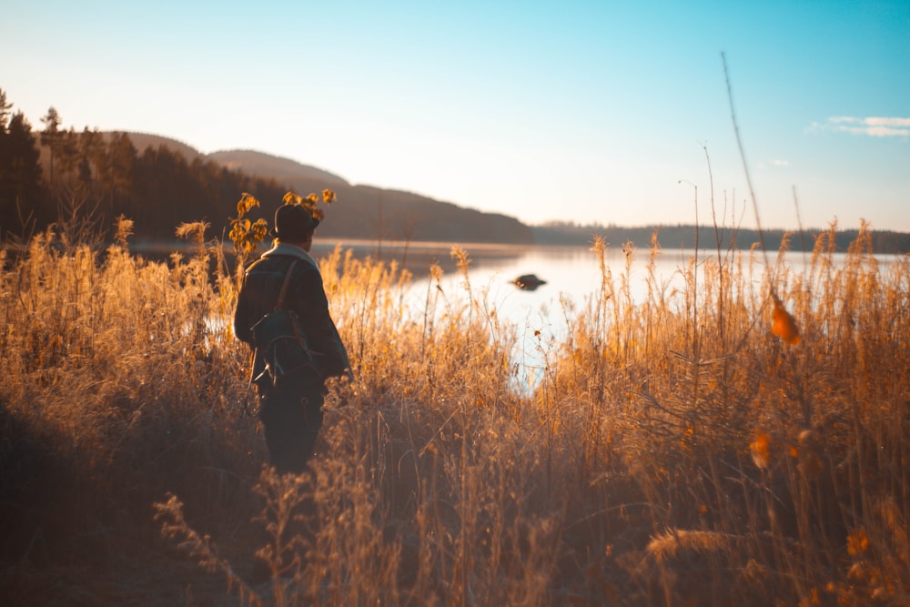 person standing on grass field near lake and mountain range