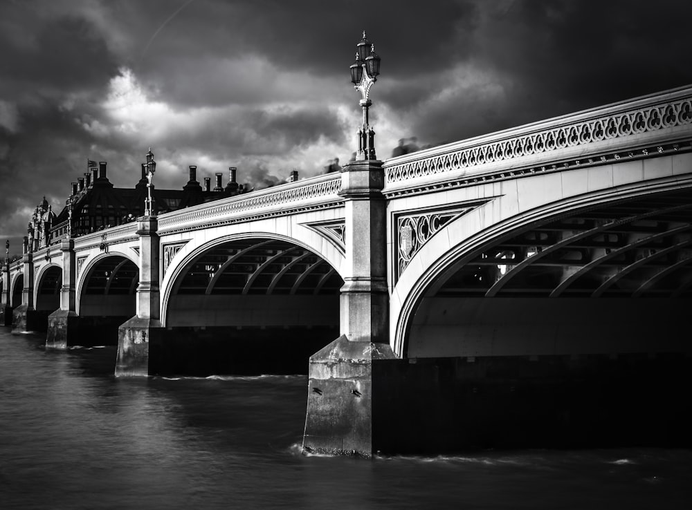 grayscale photo of bridge