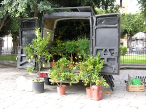 A van parked outside a community building with tools ready for garden maintenance