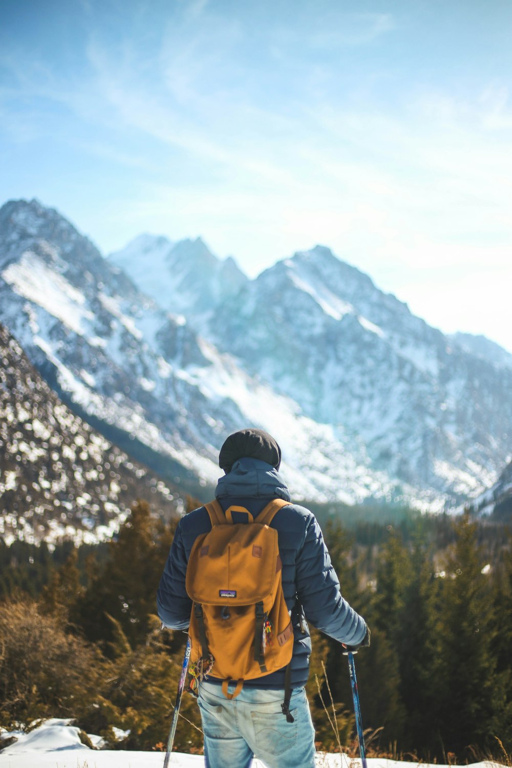 homem em pé segurando vara de neve de frente para a montanha