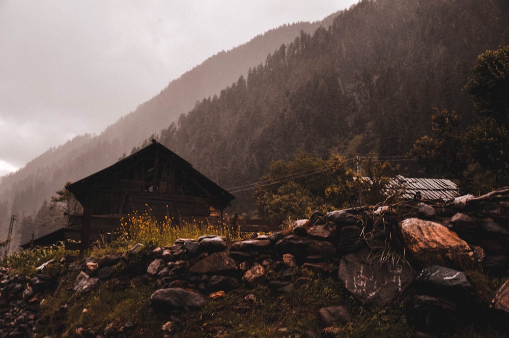 brown shack near mountain