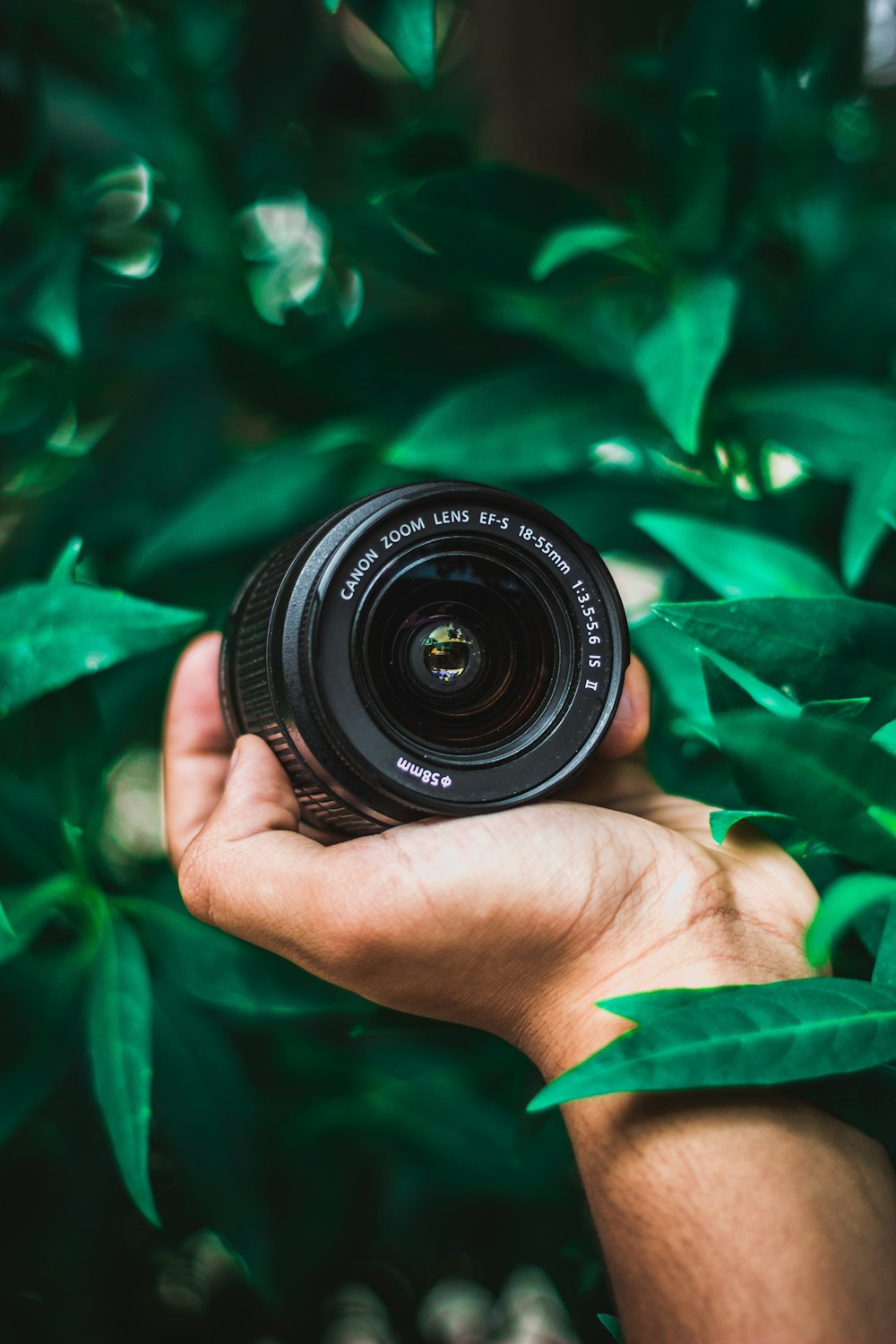 selective focus photography of person holding Canon telephoto lens