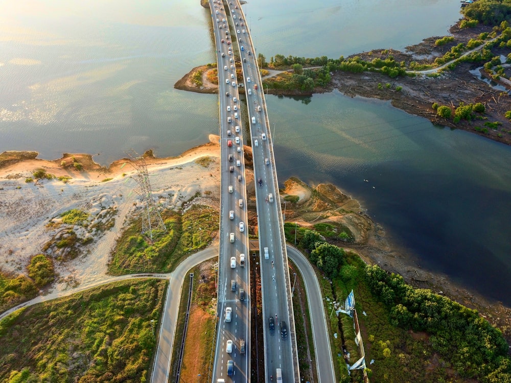 aerial photo of highway and cars