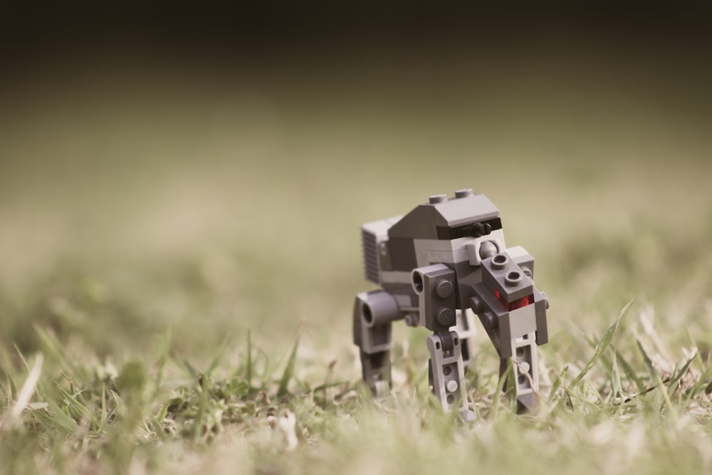 Kippfotografie eines grauen Roboters auf grünem Gras bei Tag