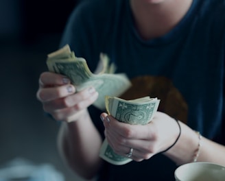 focus photography of person counting dollar banknotes