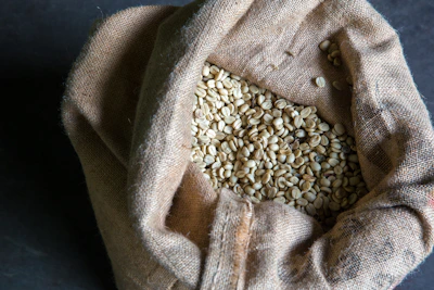 Stylish display of green unroasted coffee beans against a backdrop of warm, earthy textiles.
