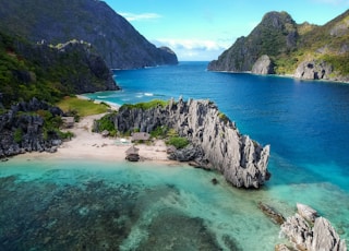 aerial photo of body of water between mountains