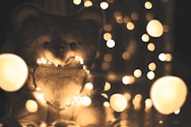 A plush teddy bear is holding a heart-shaped string of glowing lights in a dimly lit background. The image is filled with a soft bokeh effect from the yellowish lights, creating a warm and cozy atmosphere.