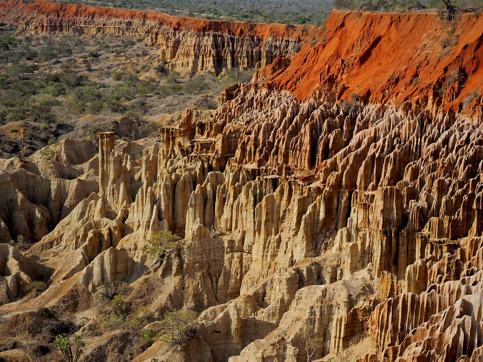 Breathtaking view of a canyon with contrasting red and brown rock formations against sky