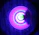 A glowing 3D neon purple Aries symbol rotating against a dark cosmic background.