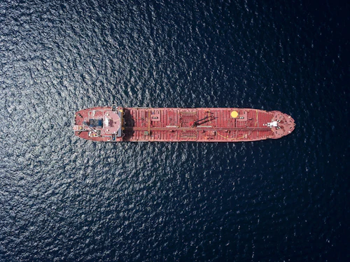 Aerial view of a tanker ship sailing on open water