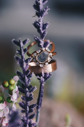 A close-up view of two rings, one with a gemstone and diamonds, nestled among delicate lavender stems and small pastel-colored flowers.