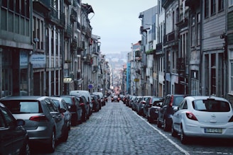 vehicles parked at sidewalk between buildings