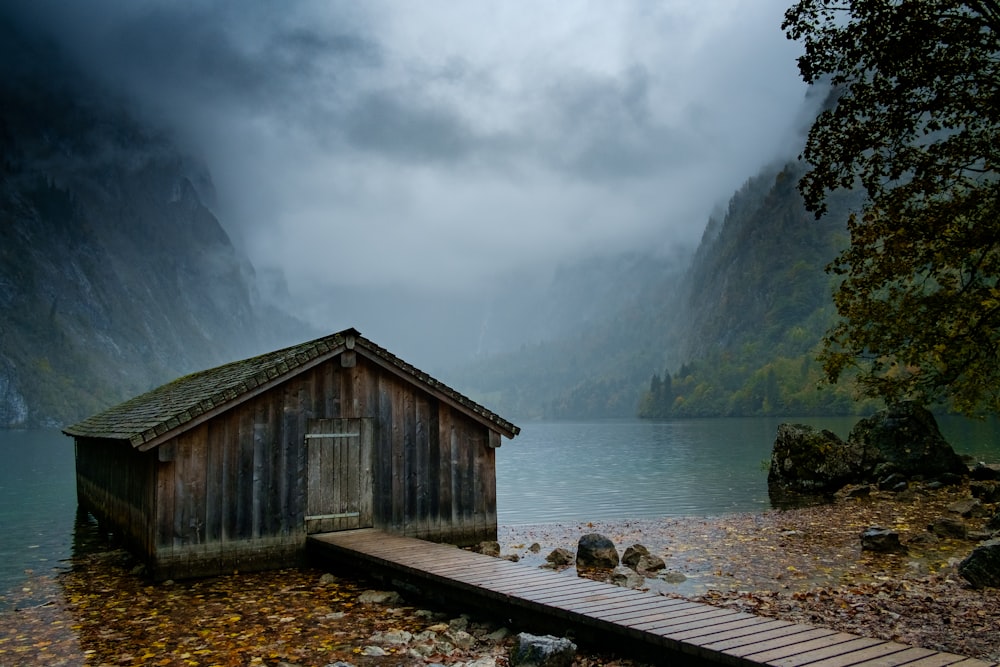 brown shed beside body of water