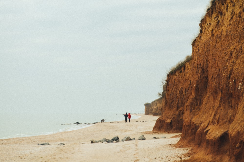 zwei Personen, die tagsüber in der Nähe der Küste spazieren gehen
