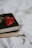 A single red rose is elegantly placed on top of two closed, vintage-looking books with black covers. The books rest on a soft, white fabric background.