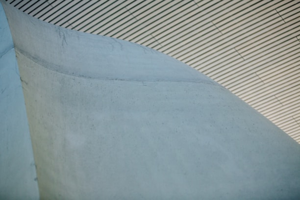 A close-up view of a concrete structure with a smooth, curved surface. The background features a ceiling with parallel lines, creating a geometric pattern.