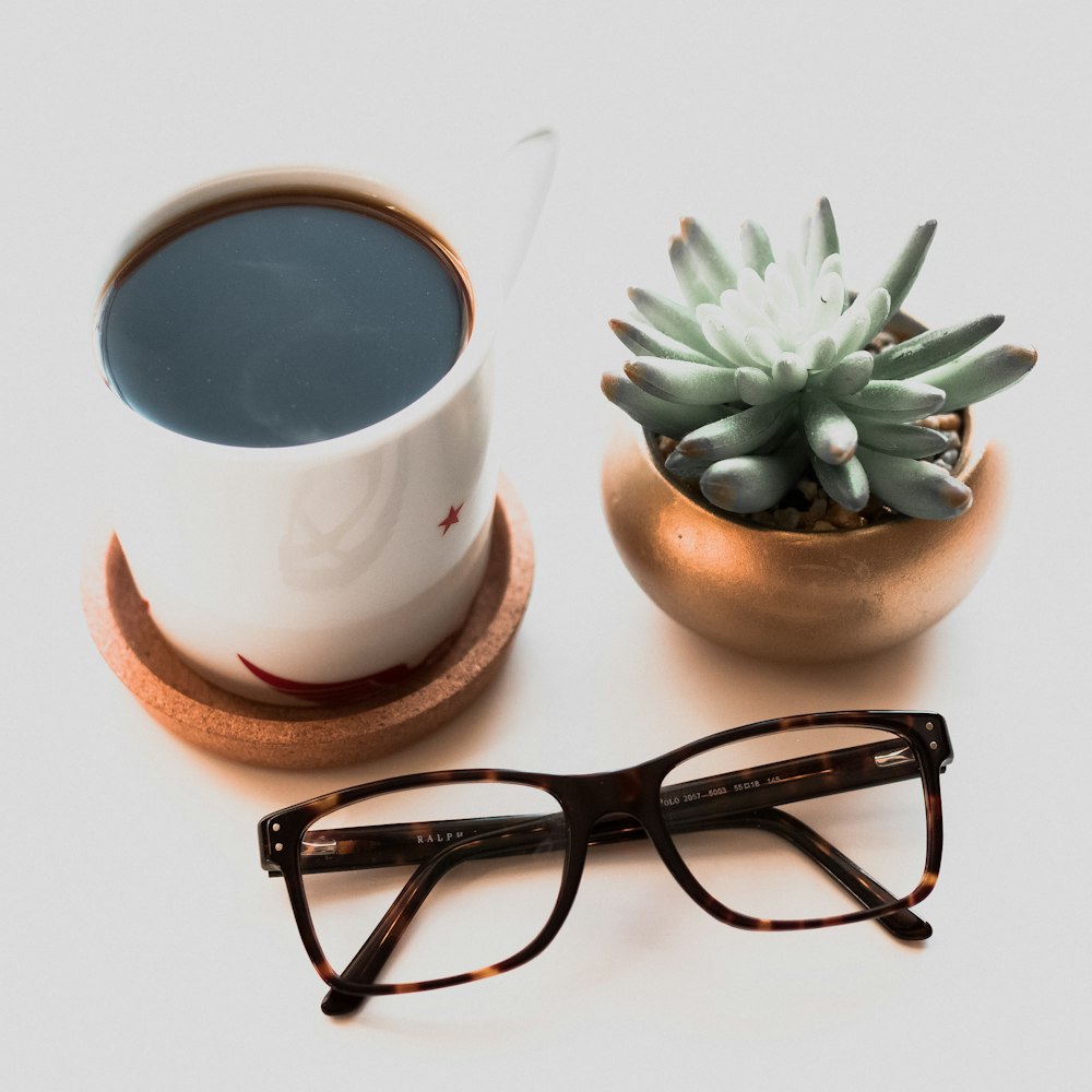 foto vista dall'alto degli occhiali accanto alla pianta grassa ed al caffè