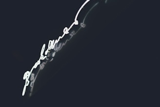 Bright neon light in the shape of a handwritten script, set against a dark background. The glowing light creates a striking contrast with the deep shadows, enhancing its luminescence.